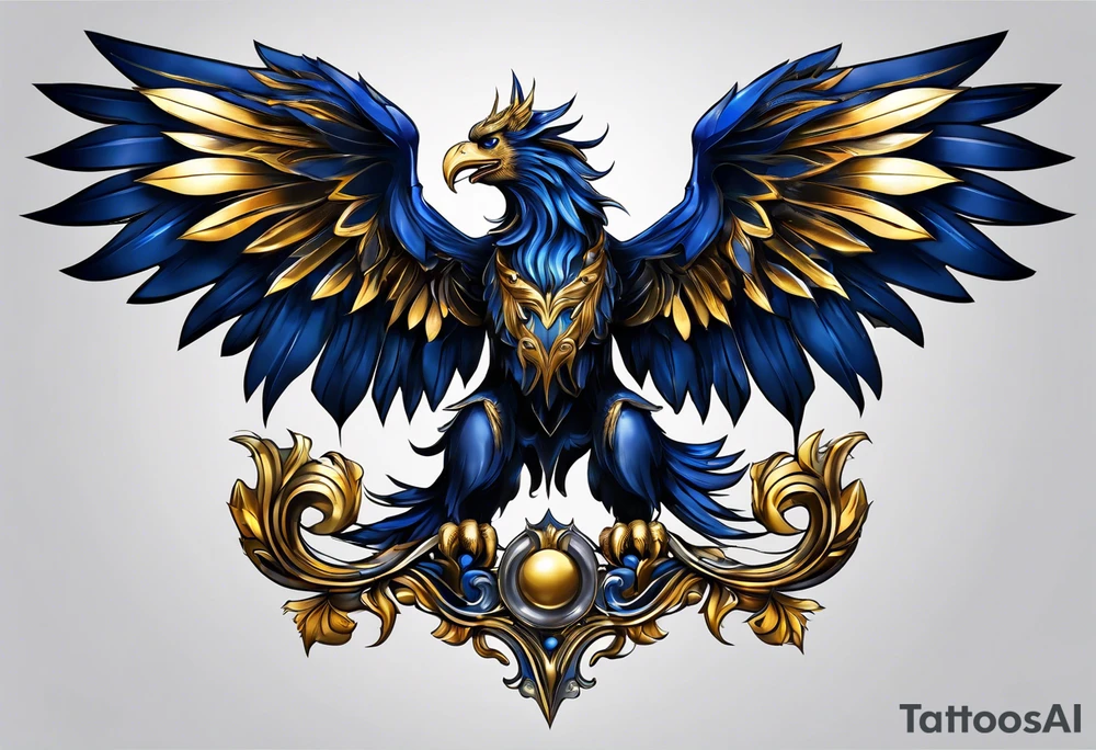 Dark blue, almost black matallic griffin with golden and silver accents. tattoo idea