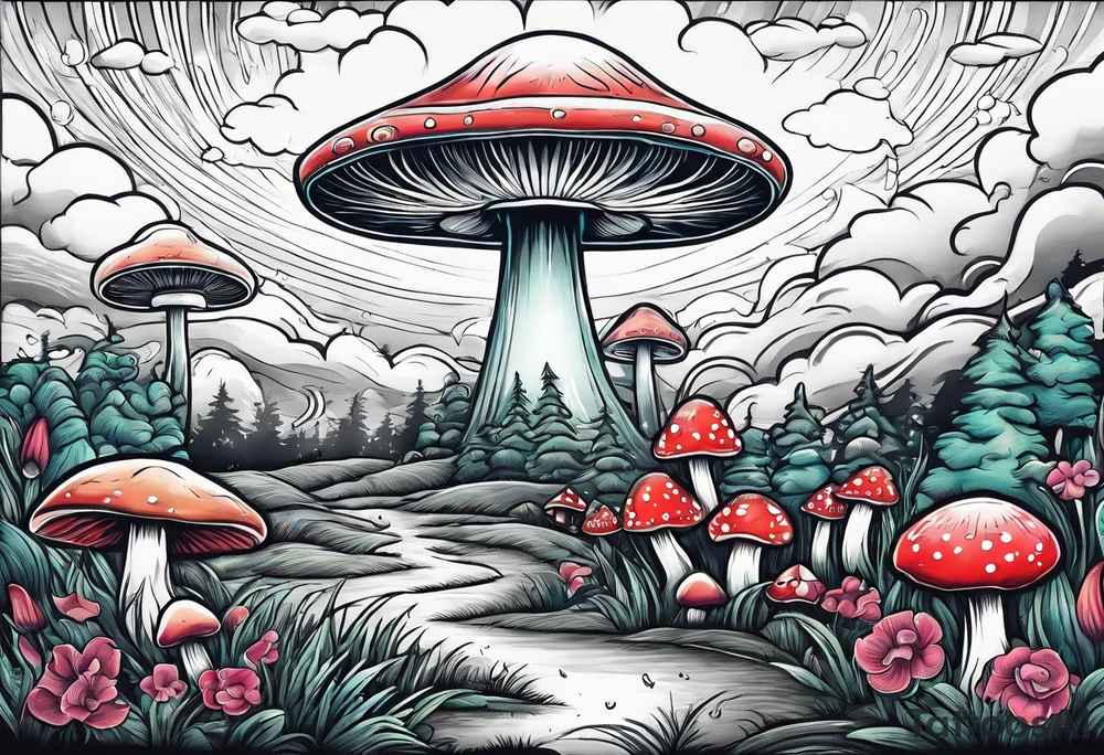 field of mushrooms with ufo in sky tattoo idea