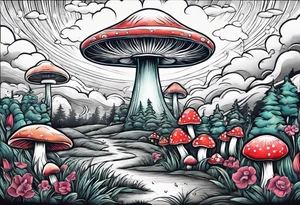 field of mushrooms with ufo in sky tattoo idea