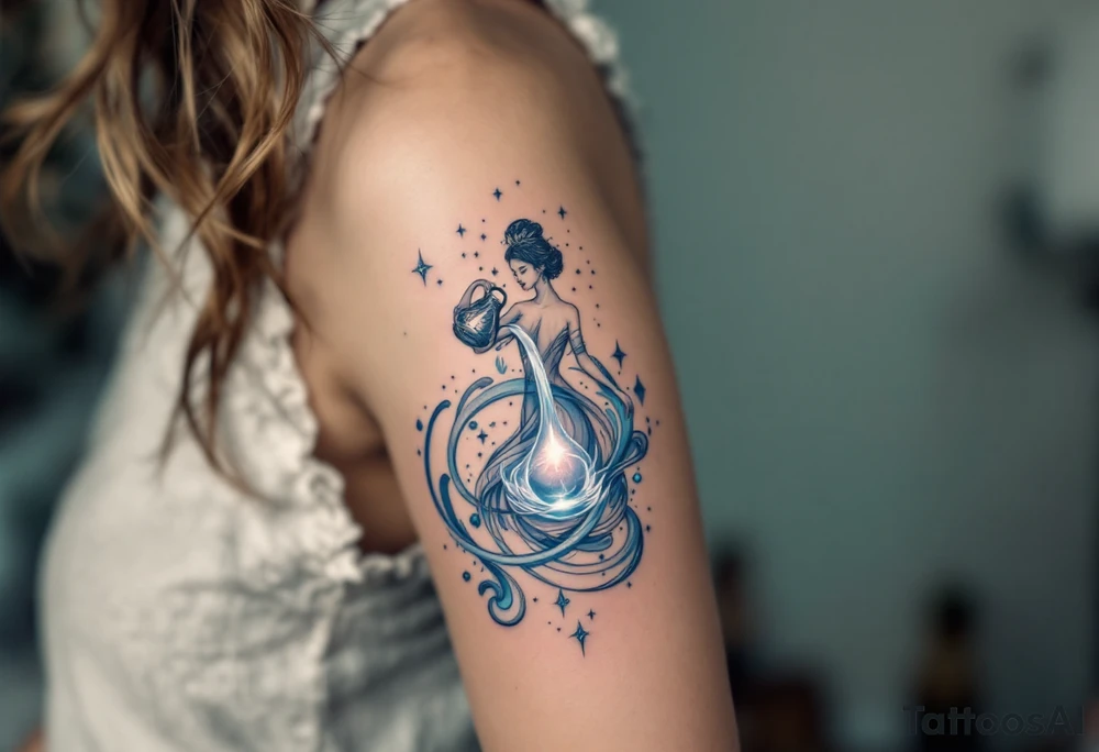 A mystical Aquarius water bearer, pouring glowing celestial water from an ornate jug, surrounded by swirling cosmic mist in shades of deep blue and silver. tattoo idea