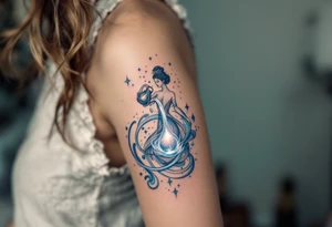 A mystical Aquarius water bearer, pouring glowing celestial water from an ornate jug, surrounded by swirling cosmic mist in shades of deep blue and silver. tattoo idea