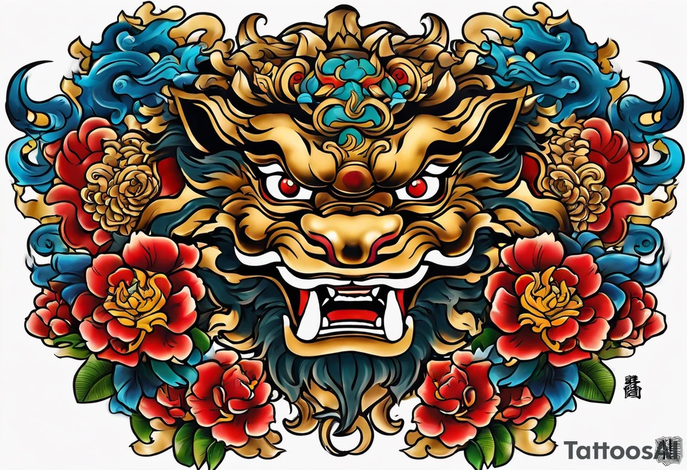 Double sided chest piece, done in Neo Japanese style of Okinawa shisa. On one side is the male with his mouth open to fend off evil, and the other side, the femal with her mouth closed to keep good in. tattoo idea