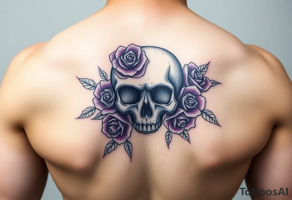 Feminine skull with purple roses tattoo idea