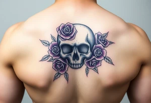 Feminine skull with purple roses tattoo idea