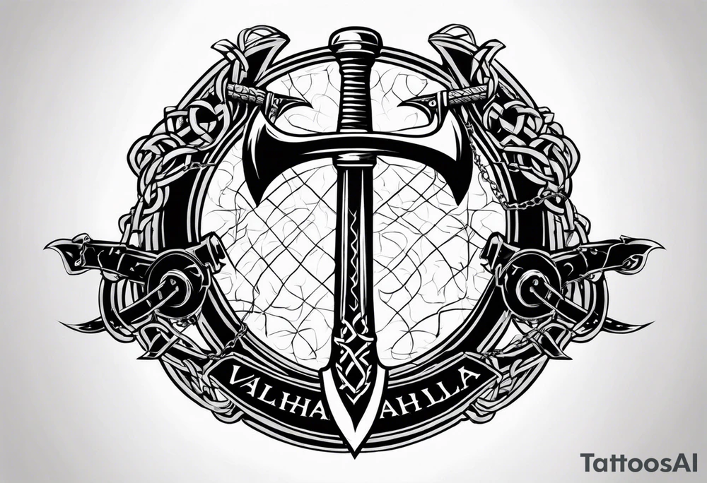 Valhalla sword round shield axe barbed wire chains tattoo idea