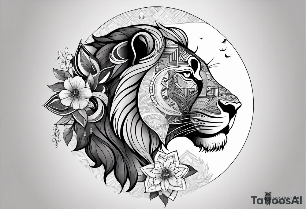 Very asymmetrical, +geometric pattern, with realistic full moon, with hippo head superimposed with a lion ,+tribal, +geometric, +inkart , +blackwork, +grey scale, + sketch
with wintersweet flower bud, +inkart touch, +for men, detailed , combined favourite , tattoo idea