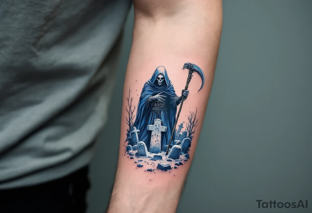 A half-sleeve tattoo of a Reaper in icy blue tones standing in a snowy graveyard. tattoo idea