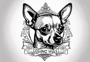 Portrait of tan chihuahua dog with paw print and phrase “loving you changed my life, losing you did the same.” tattoo idea