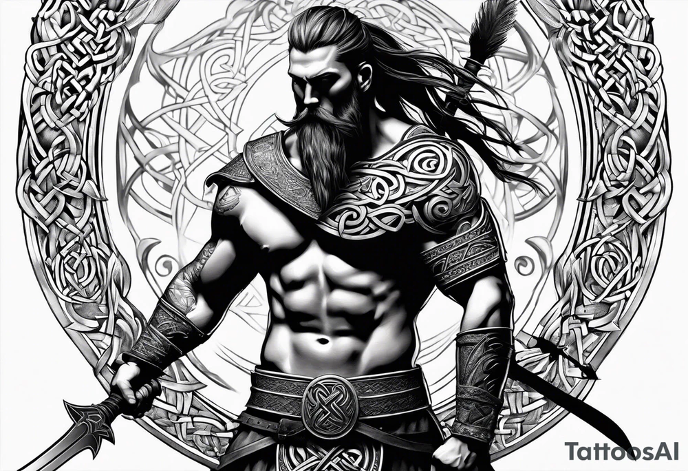 Side profile, full body of Celtic warrior with weapons unsheathed tattoo idea