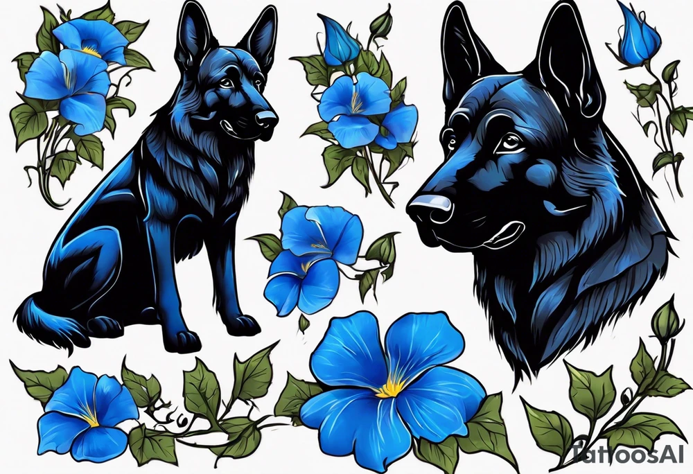Black German shepherd portrait brightly colored with blue morning glories tattoo idea