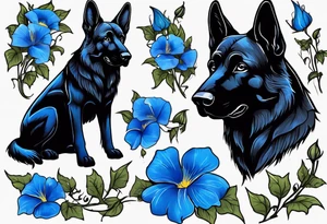 Black German shepherd portrait brightly colored with blue morning glories tattoo idea