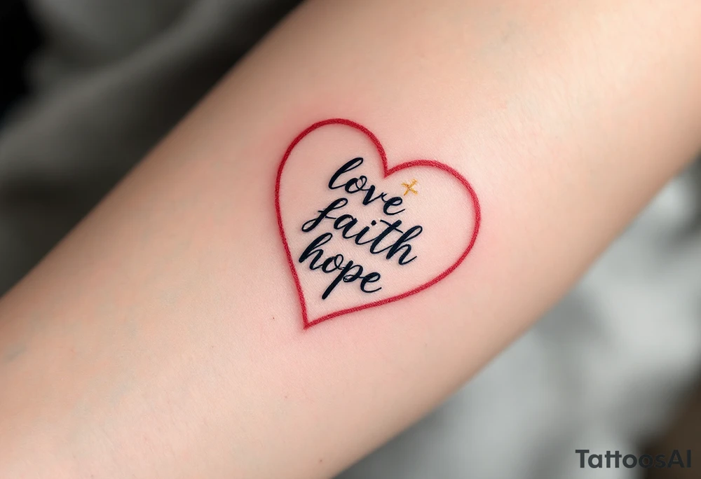 Tiny black font love faith hope placed within a heart outline in red, with a gold cross on top and a blue anchor below. tattoo idea