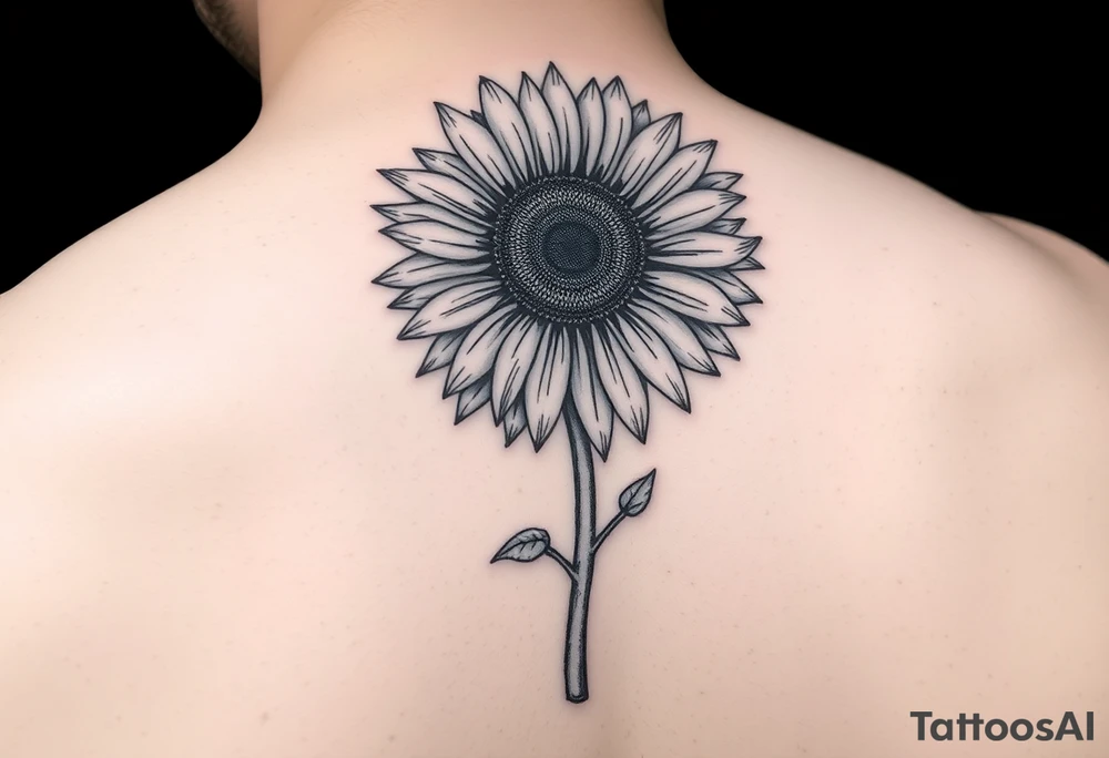 Sunflower with the letter p in the stem, black and white, small tattoo idea