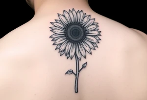 Sunflower with the letter p in the stem, black and white, small tattoo idea