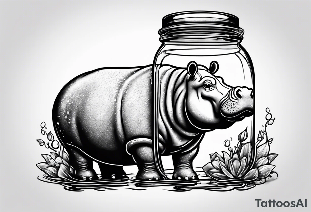Hippo floating in a Mason jar filled with water tattoo idea