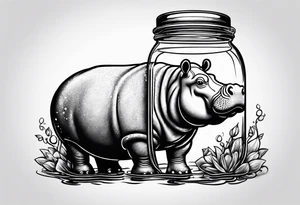 Hippo floating in a Mason jar filled with water tattoo idea