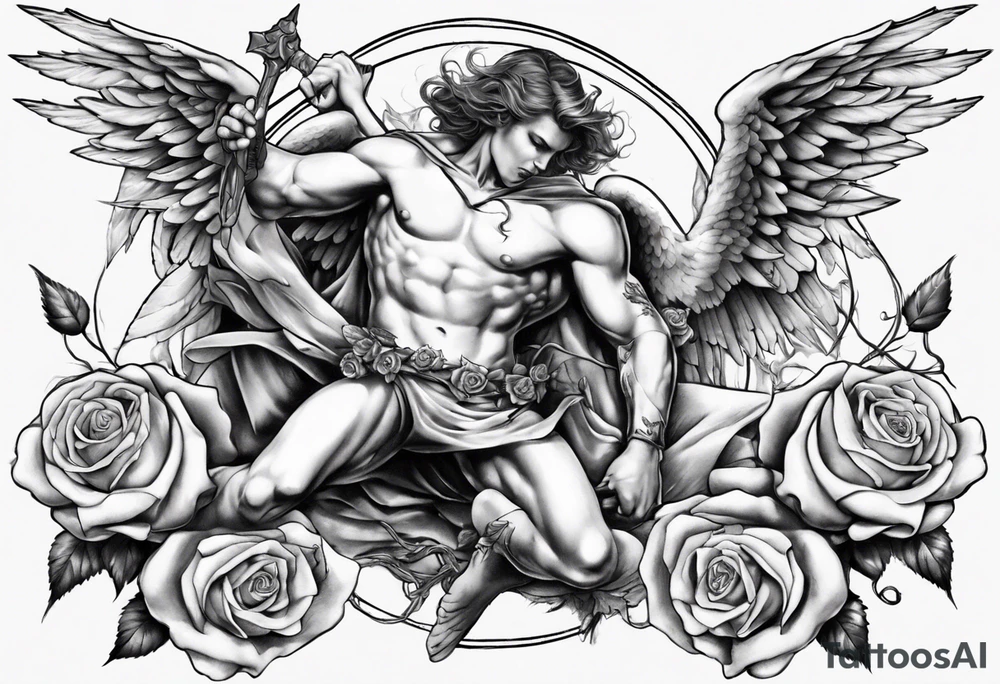 Archangel fighting a demon with roses tattoo idea