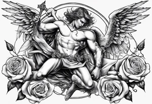Archangel fighting a demon with roses tattoo idea