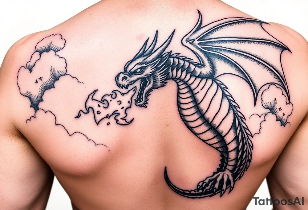 fierce dragon breathing iridescent fire against stormy skies tattoo idea