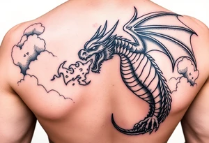 fierce dragon breathing iridescent fire against stormy skies tattoo idea