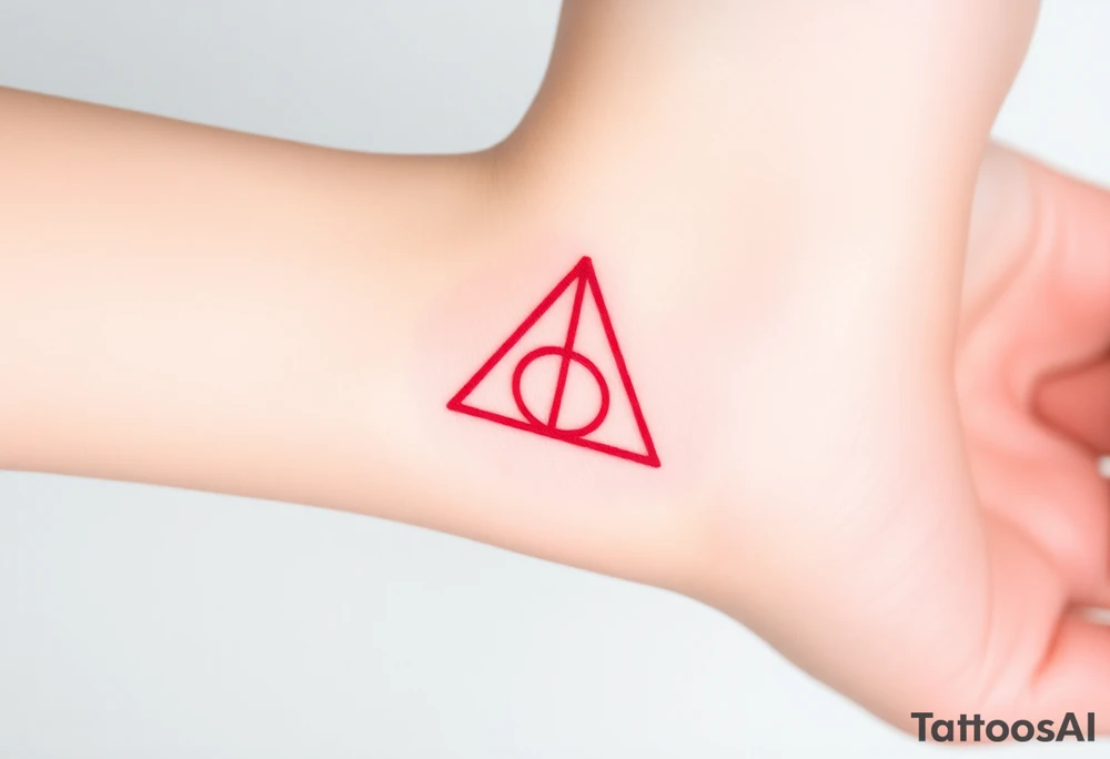 A minimalist Deathly Hallows  full symbol outline in red ink tattoo idea