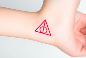 A minimalist Deathly Hallows  full symbol outline in red ink tattoo idea