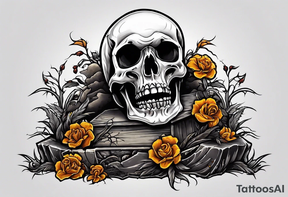 Skeleton crawling out of grave. 
MIW Reincarnate written on gravestone tattoo idea
