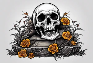 Skeleton crawling out of grave. 
MIW Reincarnate written on gravestone tattoo idea