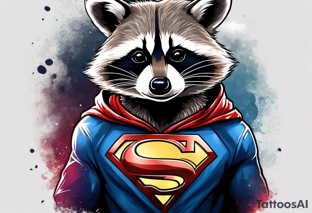 raccoon wearing a Superman hoodie tattoo idea