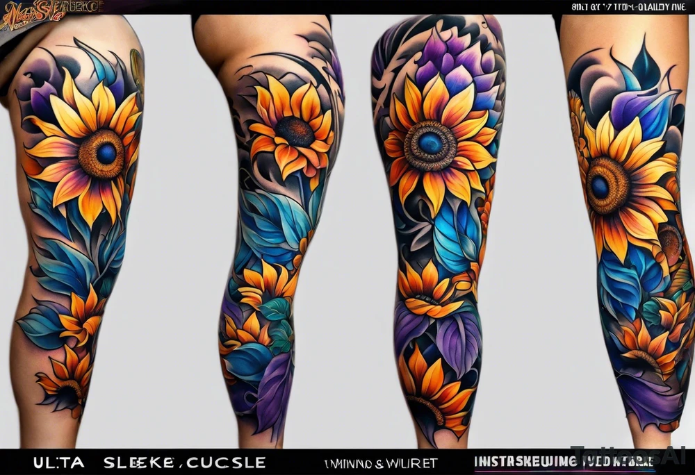 Full leg sleeve with purple, orange and blue sunflowers tattoo idea