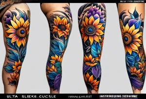 Full leg sleeve with purple, orange and blue sunflowers tattoo idea