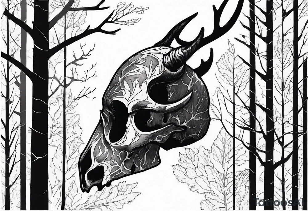 scary side view of a DECAYING deer skull JUST BONE surrounded by a forest fire in background tattoo idea