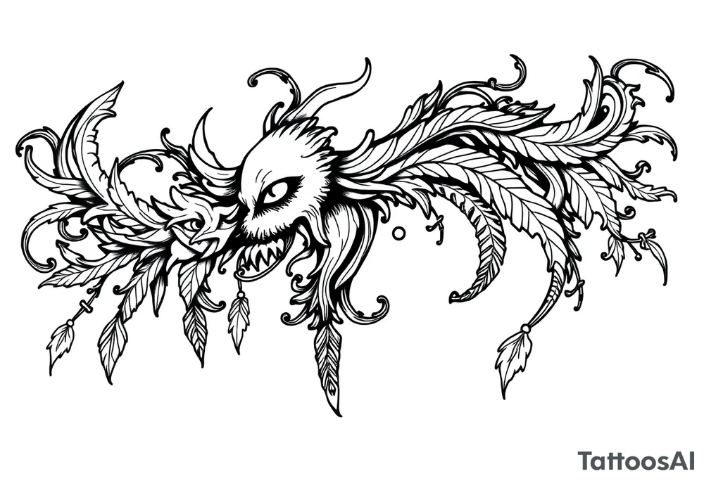 long shaman  style mytical bold line with ancient rhyme tattoo idea