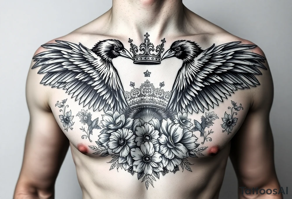 Chest tattoo,powerful majestic ravens with a crown, surrounded by floral ornaments and birds tattoo idea