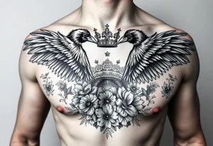Chest tattoo,powerful majestic ravens with a crown, surrounded by floral ornaments and birds tattoo idea