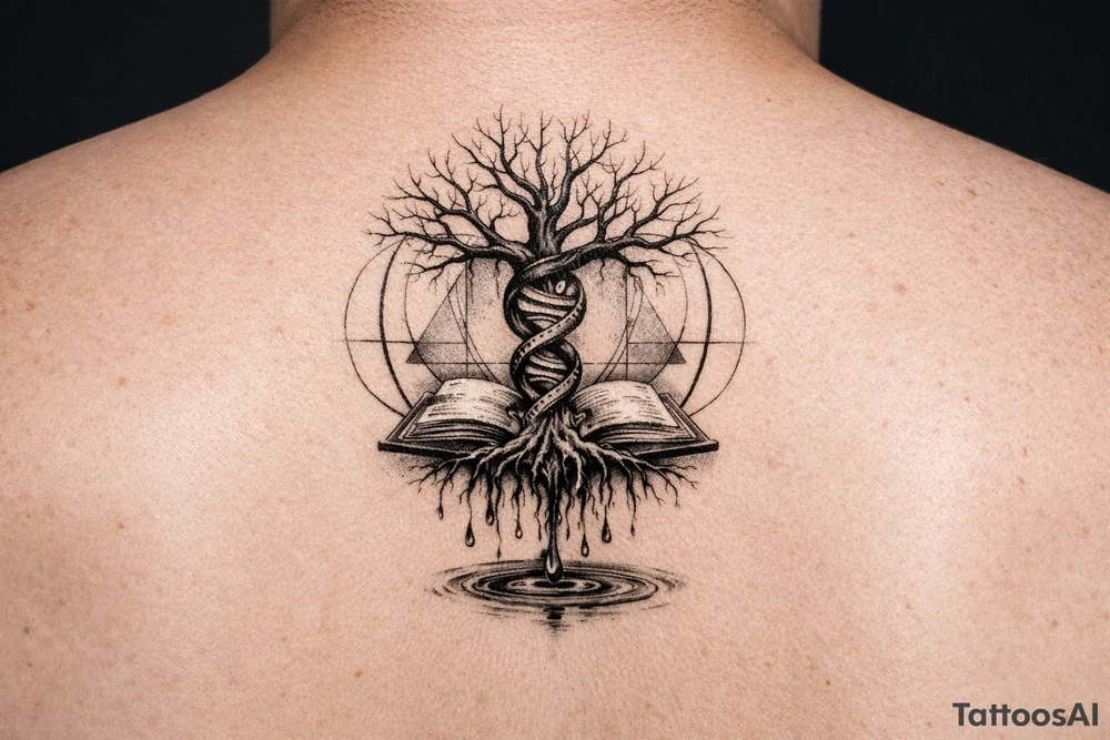 tree with dna spiral for trunk and bare branches, roots sprouting from an open book, water dripping from roots into a puddle, and geometric circles surrounding design tattoo idea