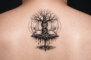 tree with dna spiral for trunk and bare branches, roots sprouting from an open book, water dripping from roots into a puddle, and geometric circles surrounding design tattoo idea