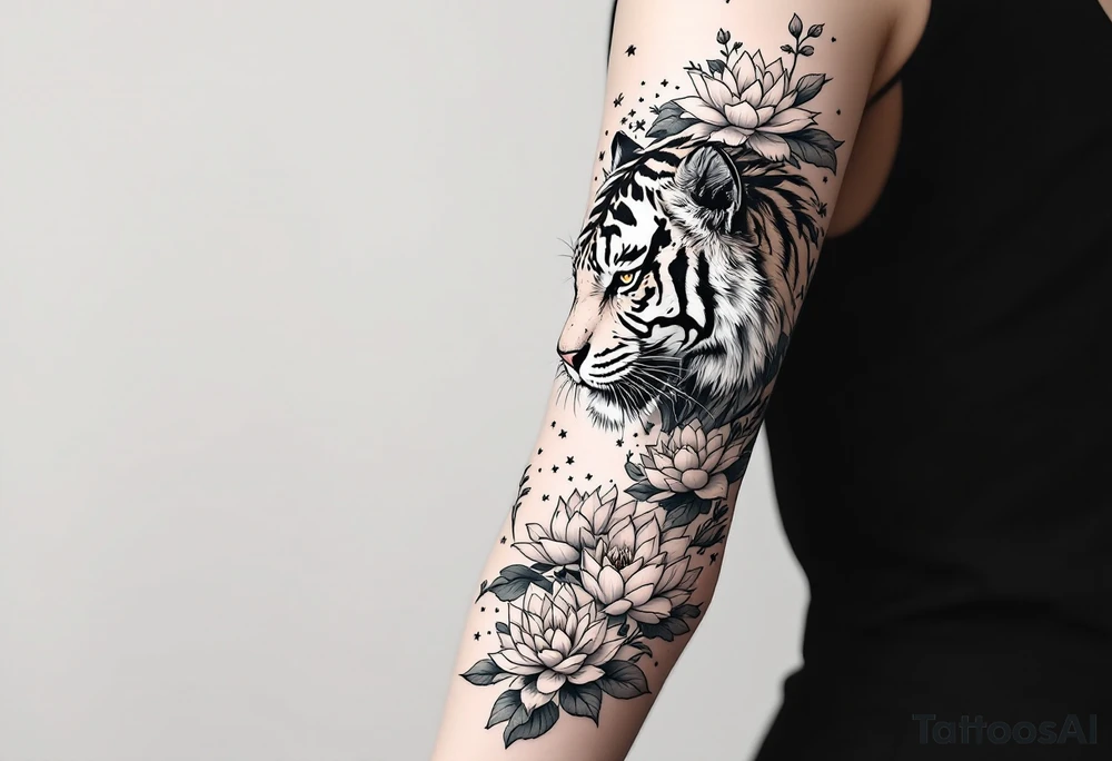 fierce tiger emerging through blooming lotus flowers in mist tattoo idea