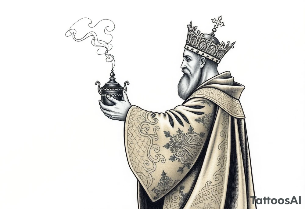 A Russian Orthodox Priest in full gold vestments swinging a censer with smoke curling upward 

The ornate robes give incredible fine line detail
The incense smoke could flow and connect to other elements
It ties directly into the church and Virgin Mary you already have
Very culturally authentic to the overall theme tattoo idea