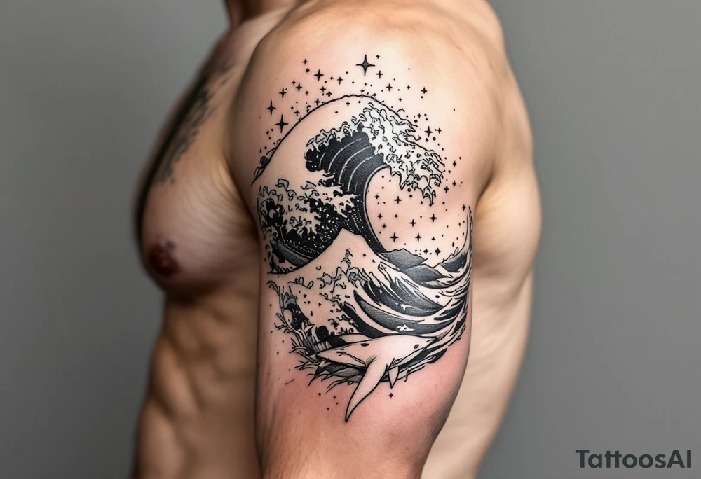Fine line powerful ocean half sleeve with a wave, a whale and other elements with some shading tattoo idea Fine line powerful ocean half sleeve with a wave, a whale and other elements with some shading tattoo idea