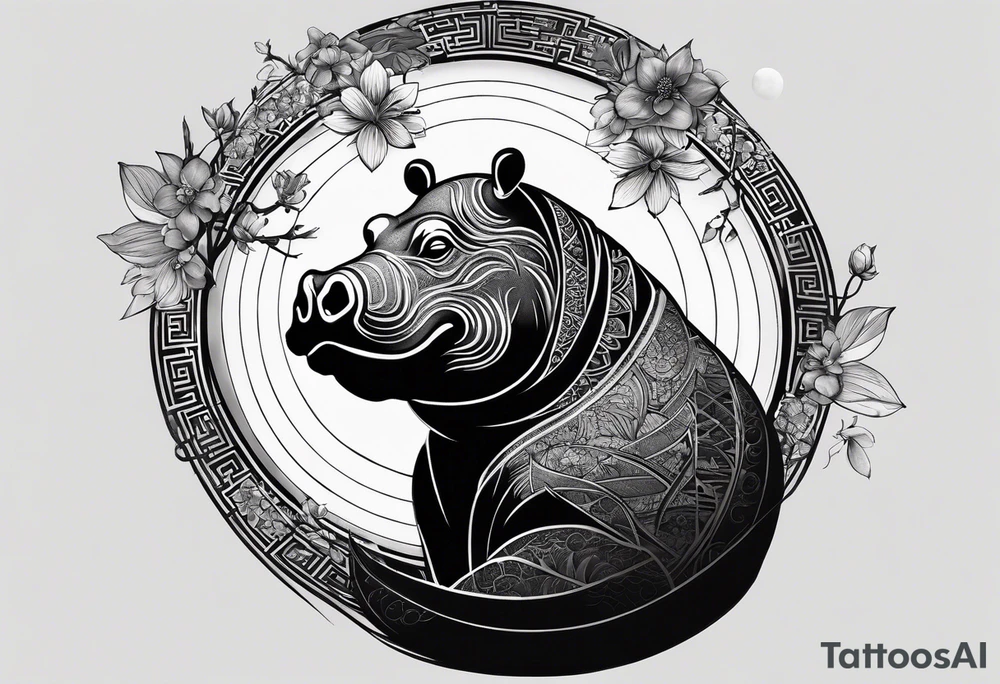 Very asymmetrical, +geometric pattern, with realistic full moon, with serious looking hippo, +zen feel, + Buddhism touch, +tribal, +geometric, +chinese inkart 
with wintersweet flower bud, +portrait orientation, +inkart touch, tattoo idea
