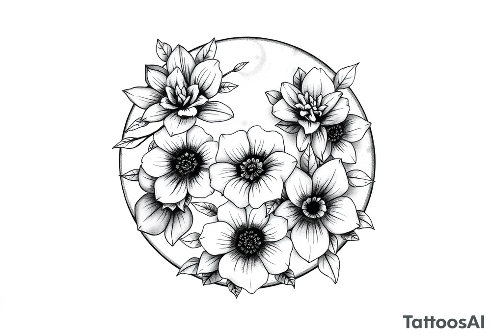 moon-shaped diferent flowers tattoo idea