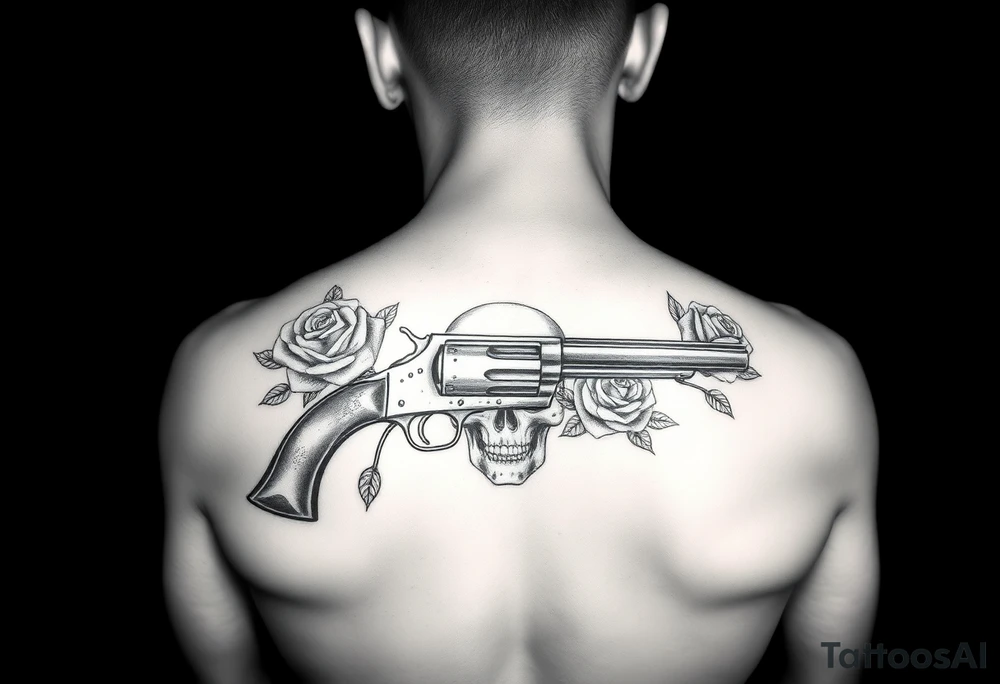 A vintage revolver intertwined with thorny roses, beneath a skull's shadow. tattoo idea