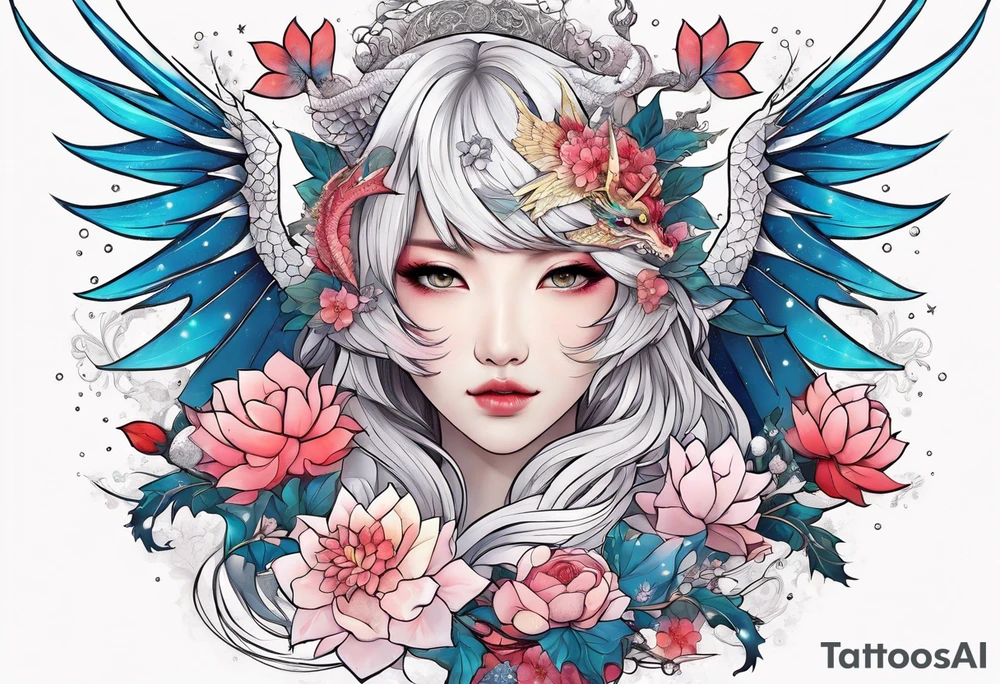 Constellation, wing , snow , cross , dragon female japan kawaii , flower tattoo idea