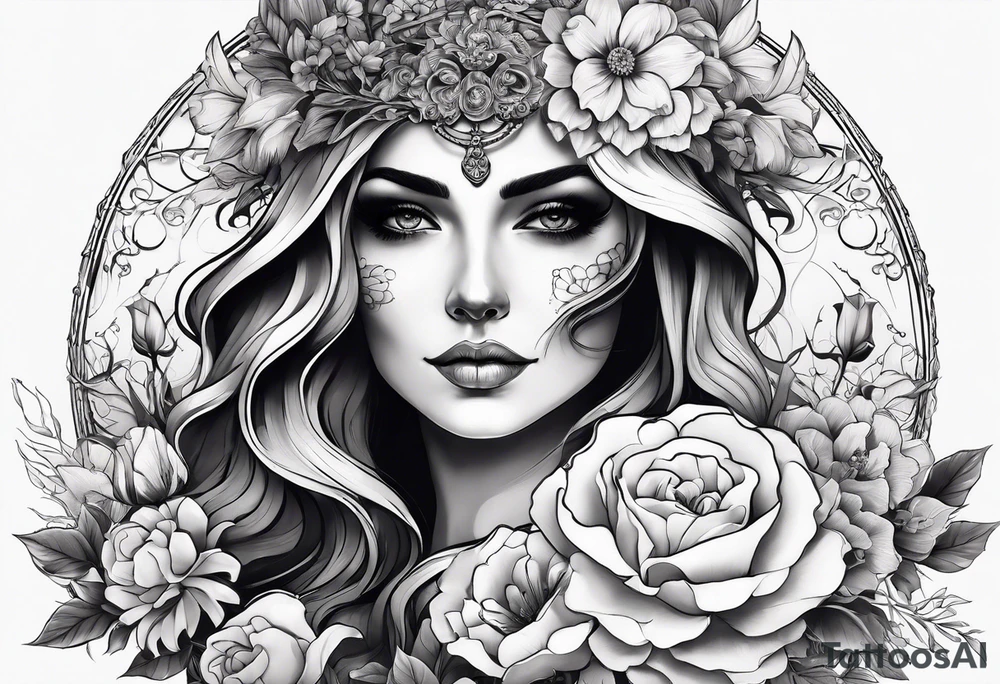 a female skeleton include head torso and legs surounded by hiubiscus flowers tattoo idea