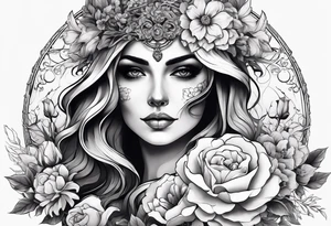 a female skeleton include head torso and legs surounded by hiubiscus flowers tattoo idea