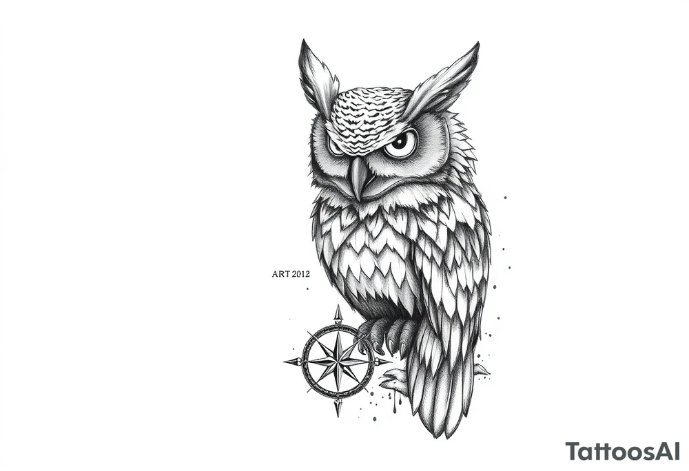 an owl,a compass,landscape. tattoo idea