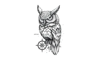 an owl,a compass,landscape. tattoo idea