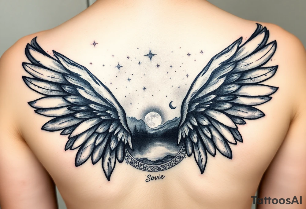 Night sky with constellation, stars & moon seen from a frame of natural landscape angel wings spiritual tattoo idea