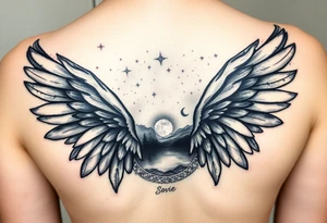Night sky with constellation, stars  & moon seen from a frame of natural landscape angel wings spiritual tattoo idea